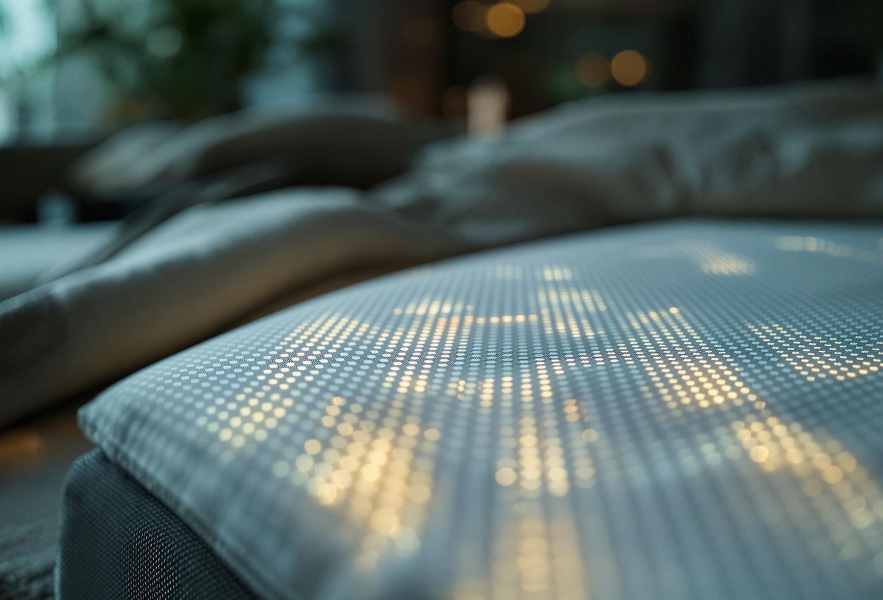 A macro photograph showcasing the innovative AI technology in a Six Senses hotel mattress, highlighting sensors that adjust firmness based on individual sleep data.