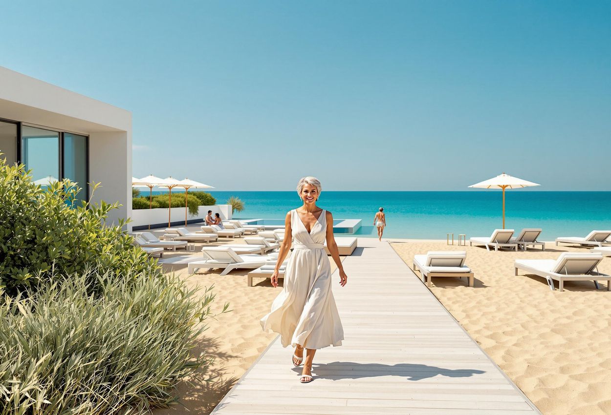 A photograph of a guest enjoying the accessible facilities at the Almar Jesolo Resort & Spa in Italy. The image highlights the seamless integration of accessibility features into the resort