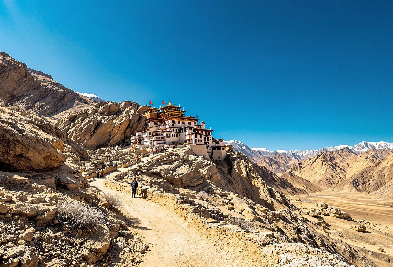 A wide-angle photograph showcases the unique and barren landscape of Upper Mustang, Nepal, featuring ochre hills, ancient monasteries, and a clear blue sky.