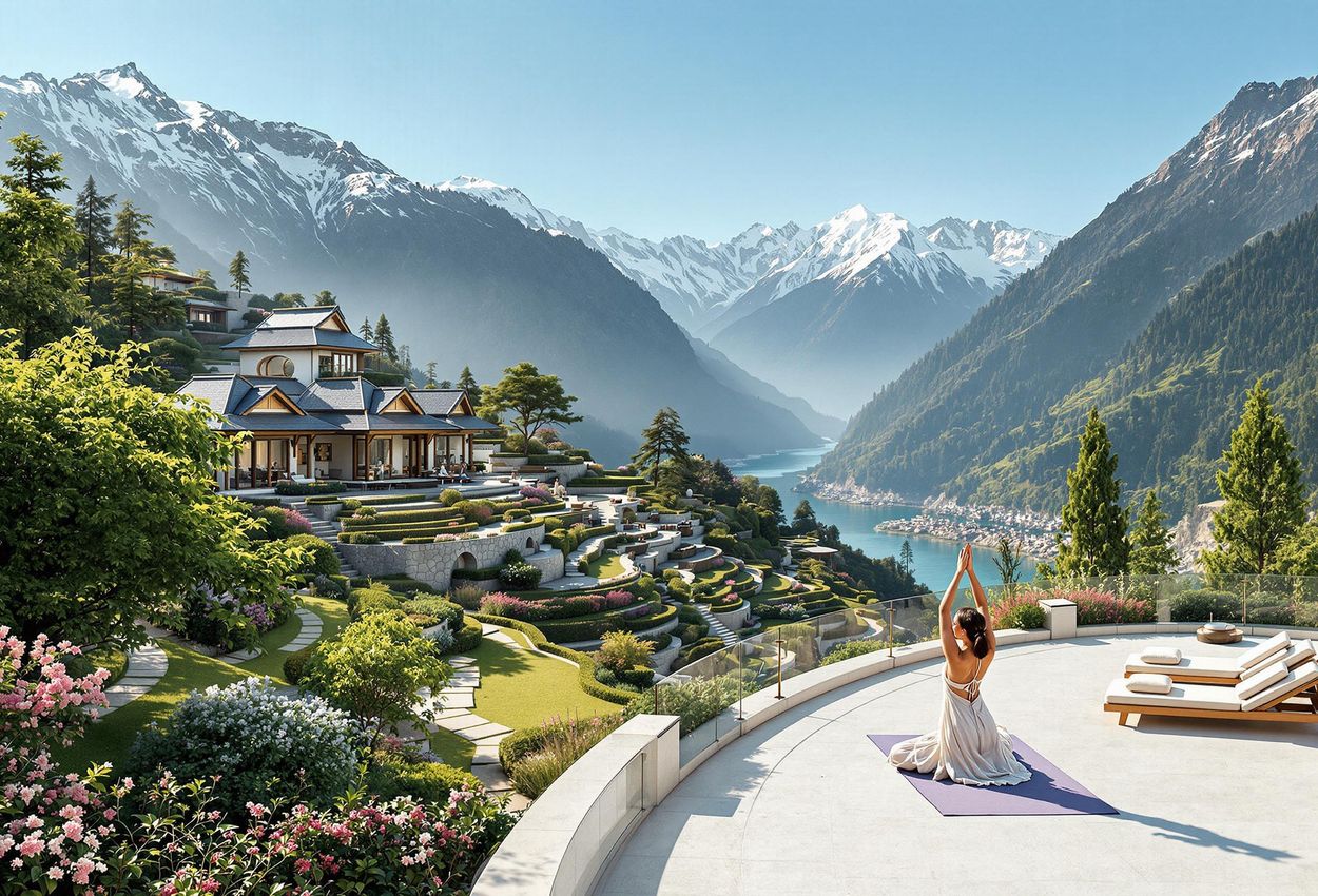 Ananda in the Himalayas: Serene Luxury Resort A wide-angle photograph of Ananda in the Himalayas, showcasing the luxurious resort nestled in the foothills with snow-capped peaks in the background. The image captures the tranquility and beauty of the natural environment.