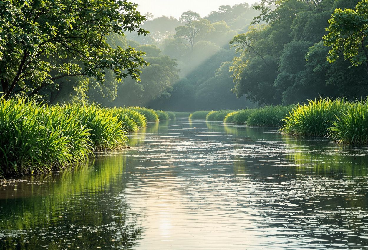 A tranquil photograph captures the Rapti River flowing through the lush Chitwan National Park in Nepal, showcasing the region