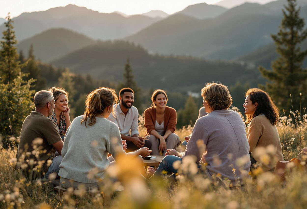 A photograph capturing a warm and supportive LoveYourBrain retreat in Colorado, showcasing community, resilience, and healing in a mountain setting.
