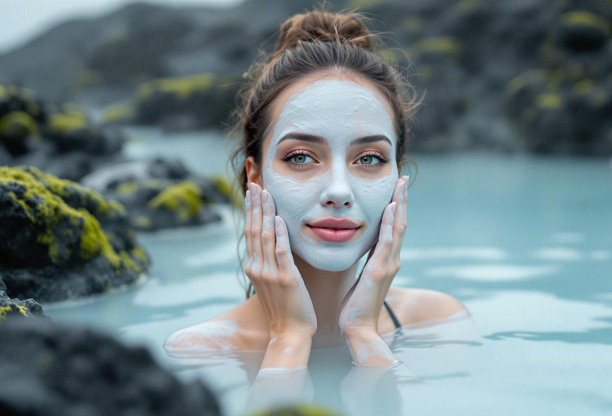 A close-up photograph captures a woman applying a silica mud mask at Iceland