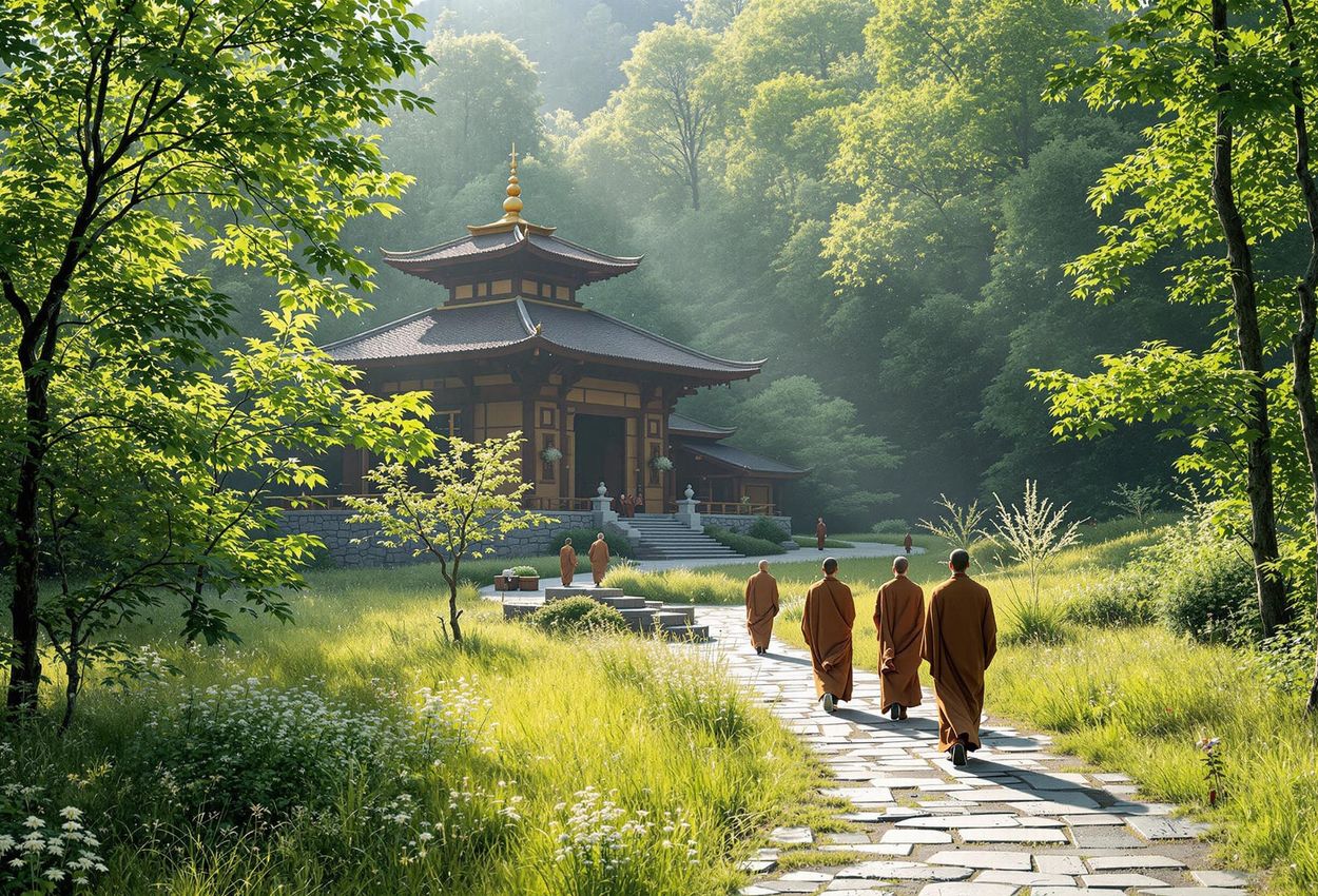 Blue Cliff Monastery Serene Morning in the Catskills A tranquil photograph of Blue Cliff Monastery nestled in the Catskill Mountains during the early morning, with monastics practicing walking meditation amidst blooming trees.