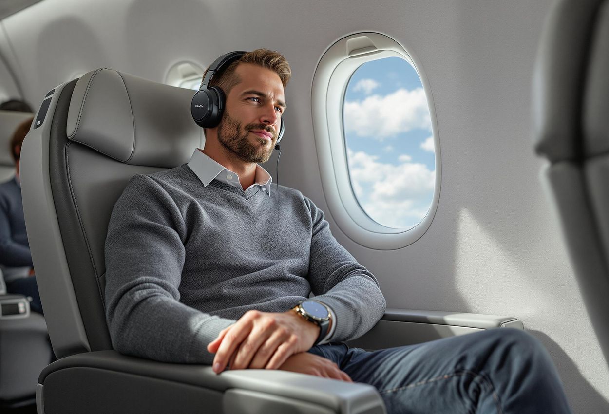 A passenger enjoys the comfort and health benefits of a RECARO premium seat with active exercise mode on a Lufthansa flight, promoting circulation and reducing the risk of deep vein thrombosis.