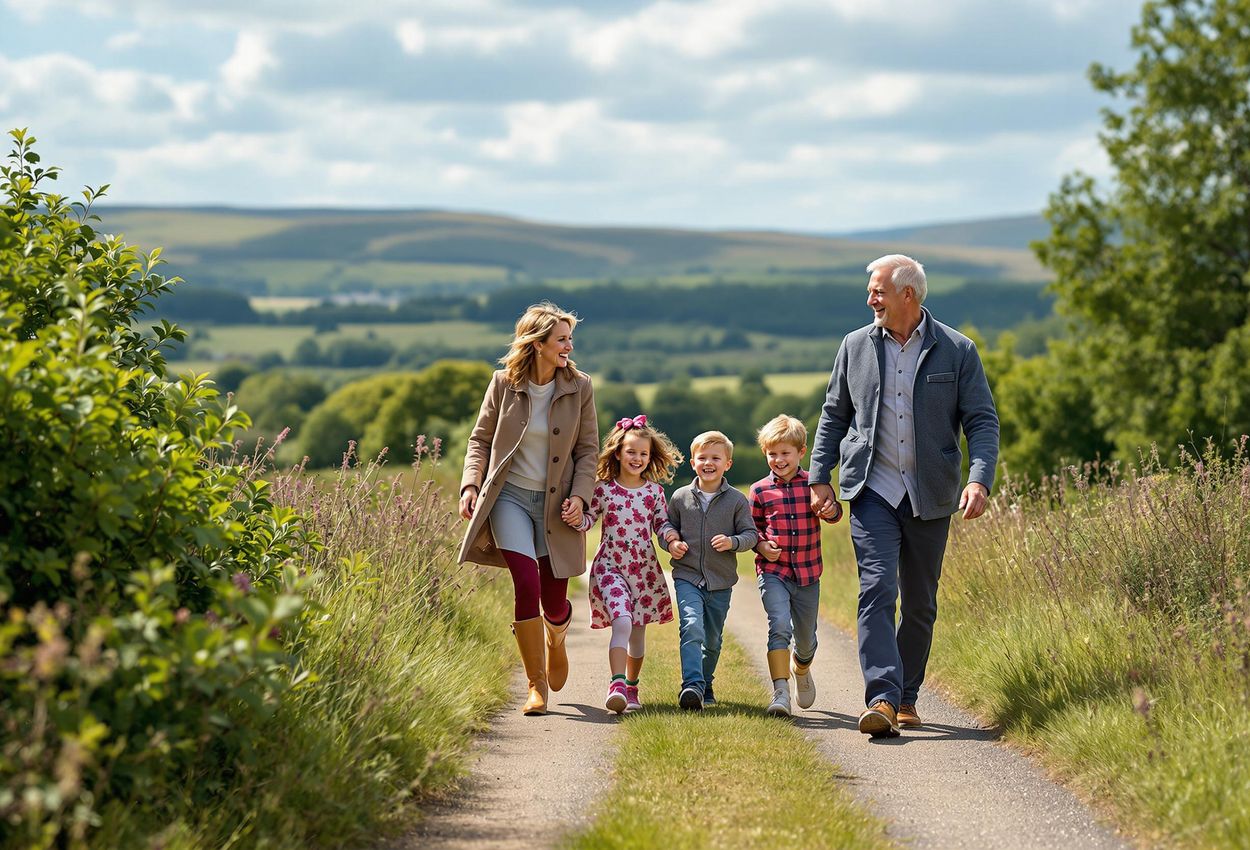 A multigenerational family is captured during a joyful nature walk at the luxurious Gleneagles Hotel in Scotland. The image showcases the beauty of the Scottish landscape and the importance of family connections and wellness.