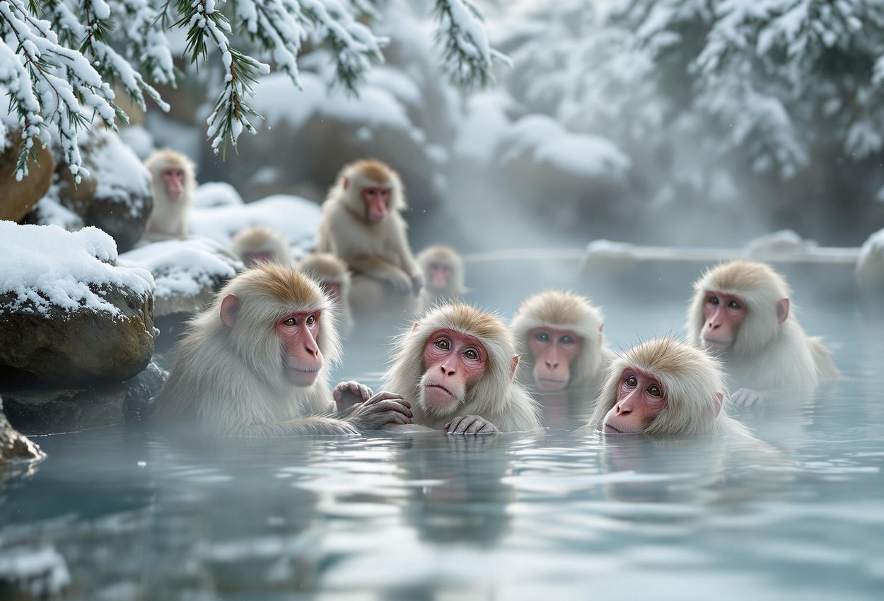 A captivating close-up photograph of snow monkeys relaxing in the hot springs of Jigokudani Monkey Park, Nagano, Japan, on a snowy winter day.