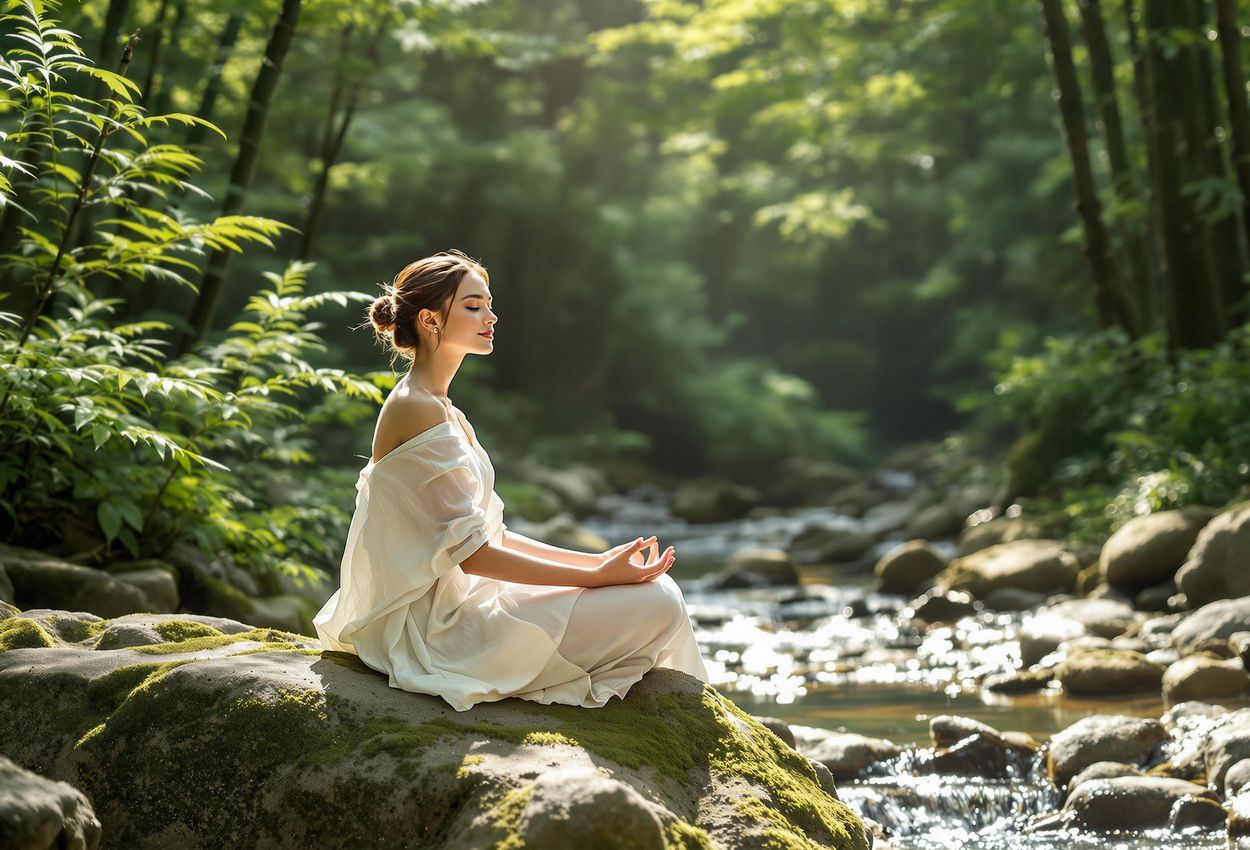 A photograph of a woman meditating in a peaceful forest clearing in Kyoto, Japan. Sunlight filters through the trees, creating a calming and tranquil atmosphere.
