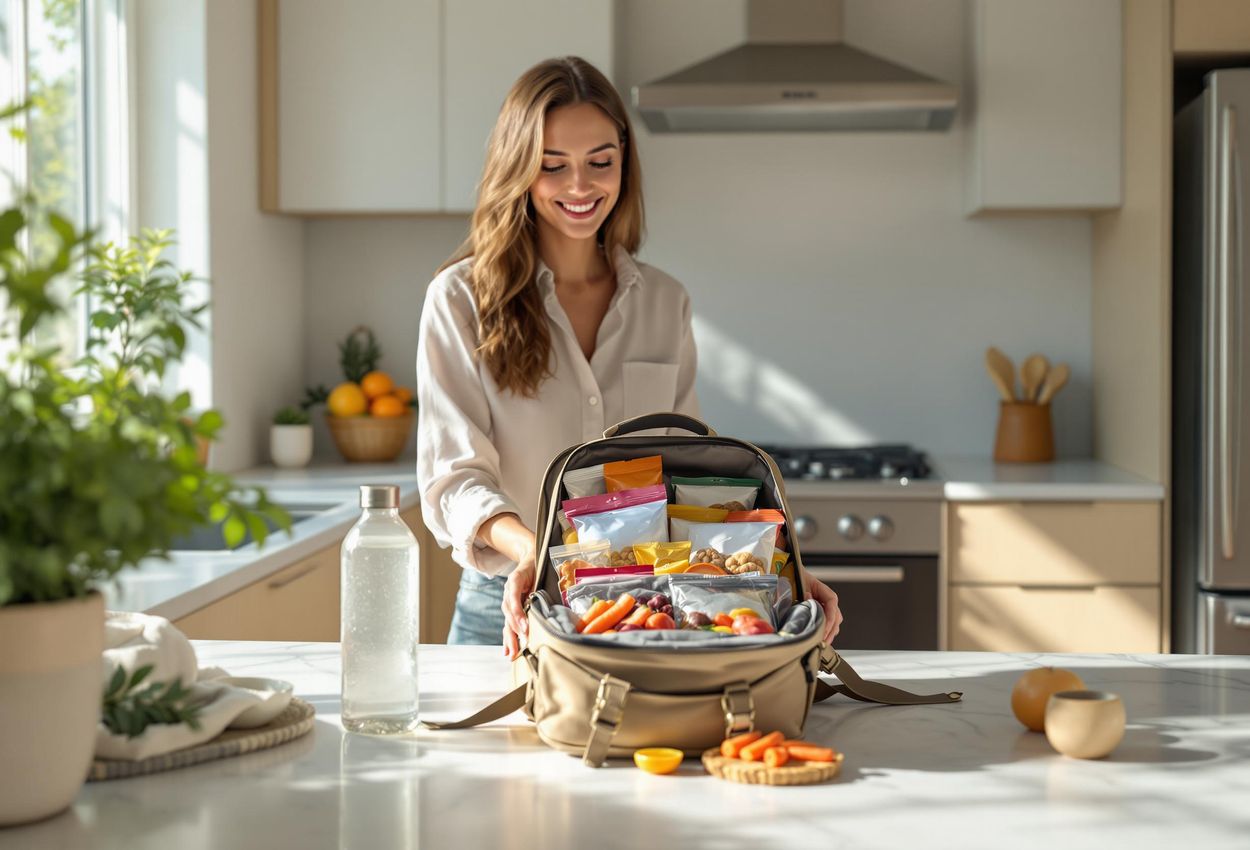 A photograph of a traveler packing a backpack with nutritious snacks in a modern kitchen, preparing for a healthy and mindful travel experience.
