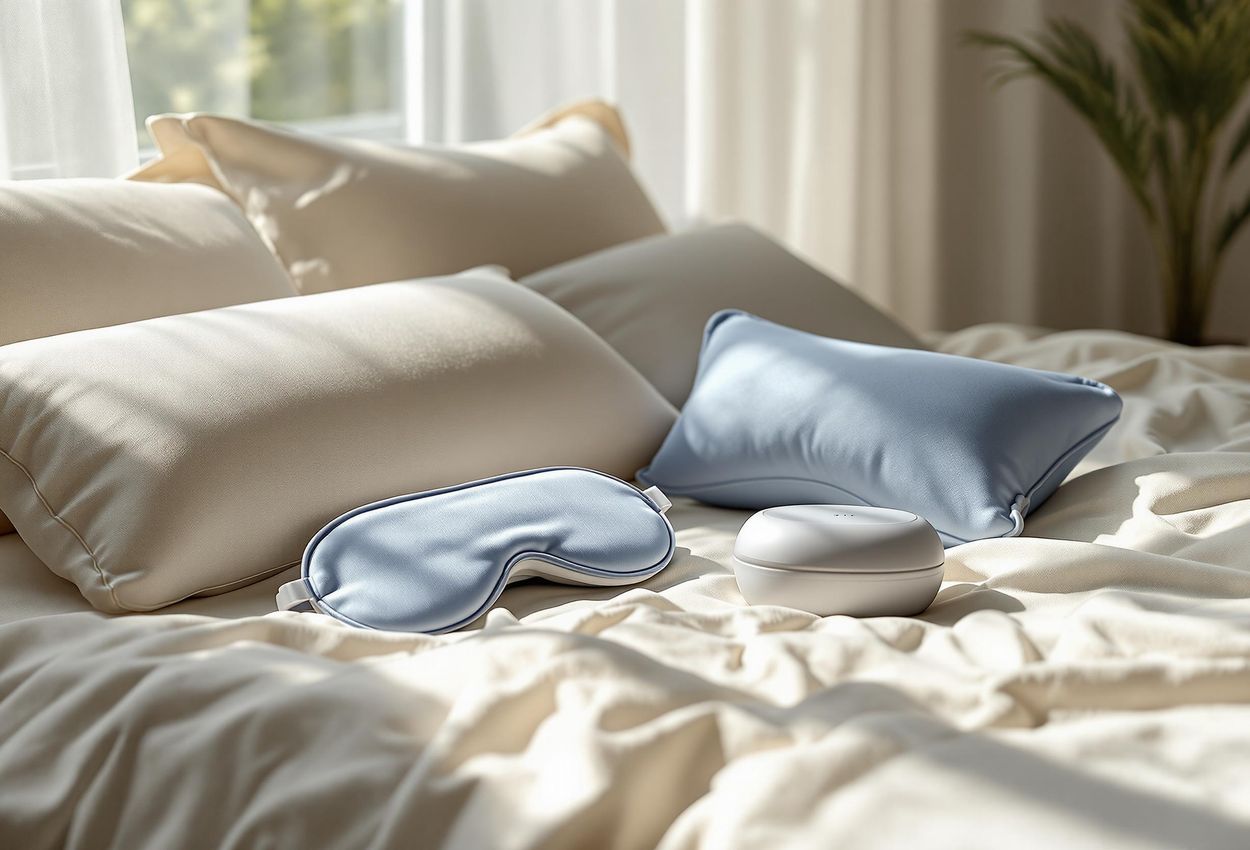 A meticulously arranged travel sleep kit featuring a silk sleep mask, noise-canceling headphones, travel pillow, aromatherapy balm, and sound machine is displayed on a neatly made bed, bathed in soft natural light. The scene evokes a sense of preparation and self-care for restful travel.