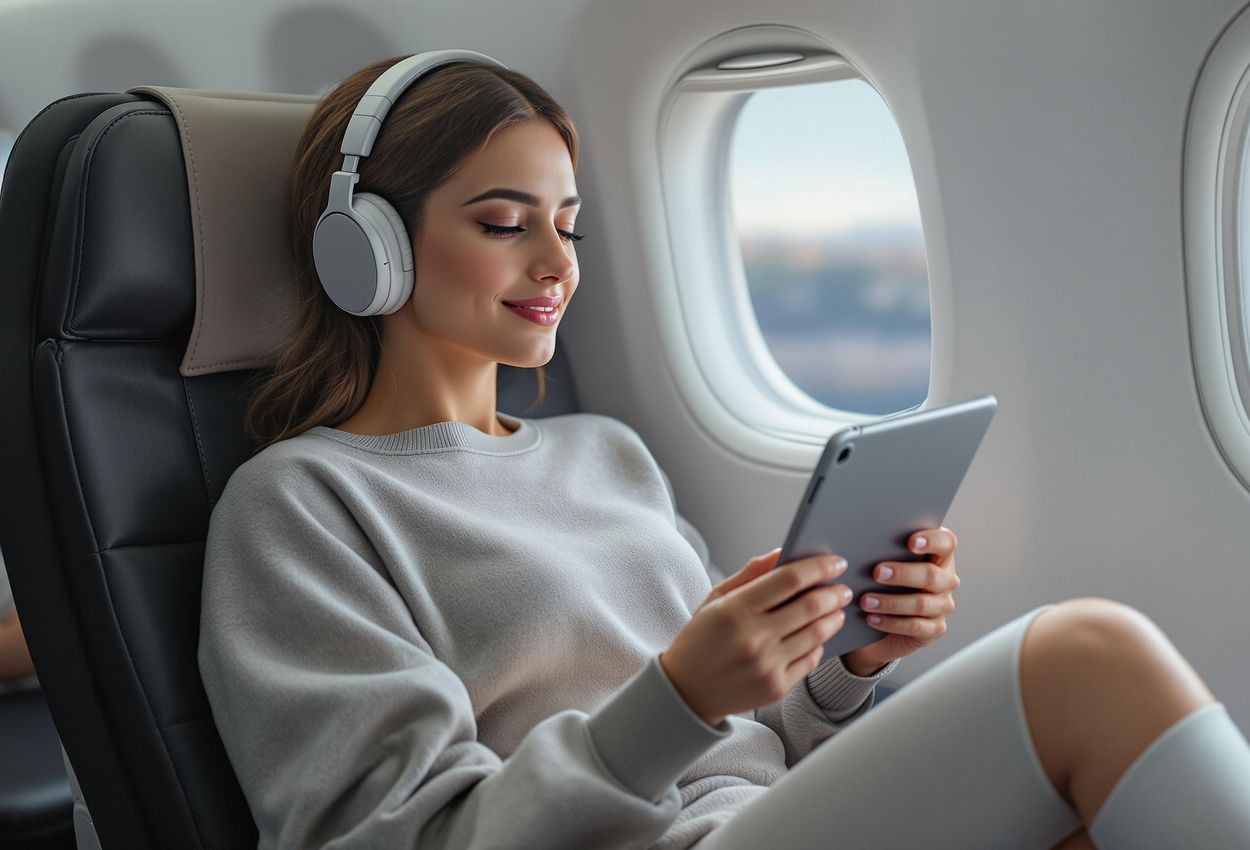 A photograph capturing a traveler relaxing on an airplane, showcasing comfort and preparedness for a restful journey.