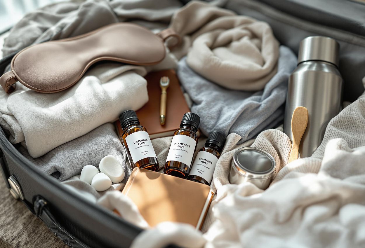 A detailed macro photograph of a suitcase meticulously packed with wellness essentials, including comfortable clothing, essential oils, a journal, and eco-friendly toiletries, conveying preparedness and self-care.