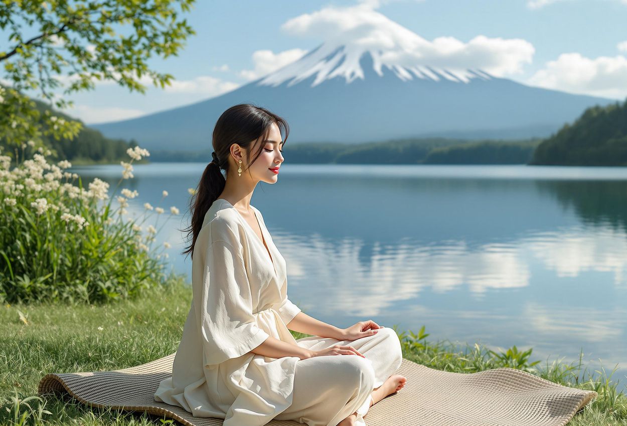 A serene photograph of a woman practicing mindfulness by Lake Kawaguchi in Japan, with Mount Fuji in the background, capturing a moment of peace and gratitude.