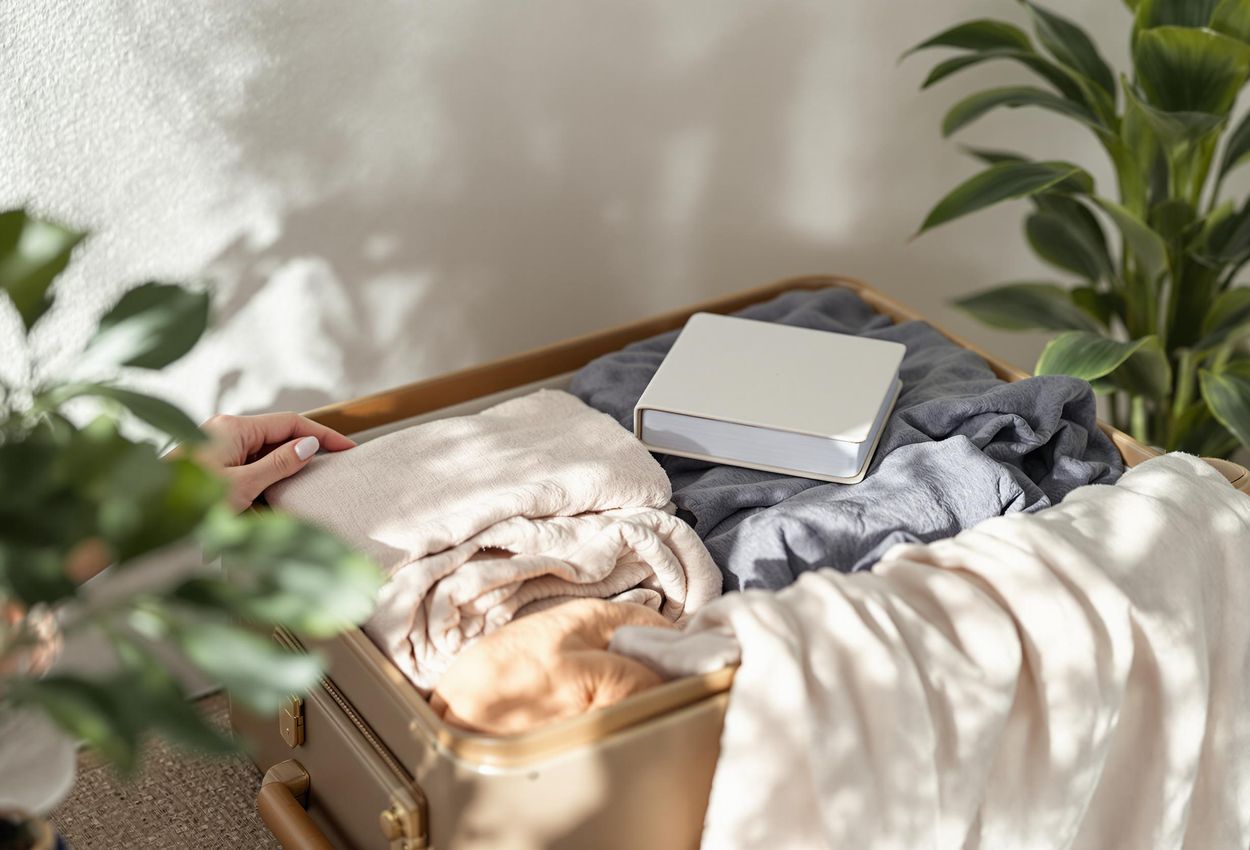 A calming photograph of a woman mindfully packing a stylish suitcase with wellness essentials, capturing a moment of tranquil preparation for a rejuvenating retreat.