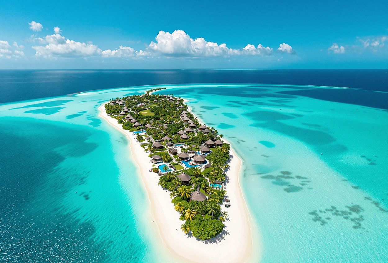 Aerial View of Tetiaroa Atoll and The Brando Resort, French Polynesia An aerial photograph showcases the breathtaking beauty of Tetiaroa Atoll and the luxurious Brando resort in French Polynesia, highlighting the vibrant turquoise lagoon, pristine white-sand beaches, and lush green vegetation.