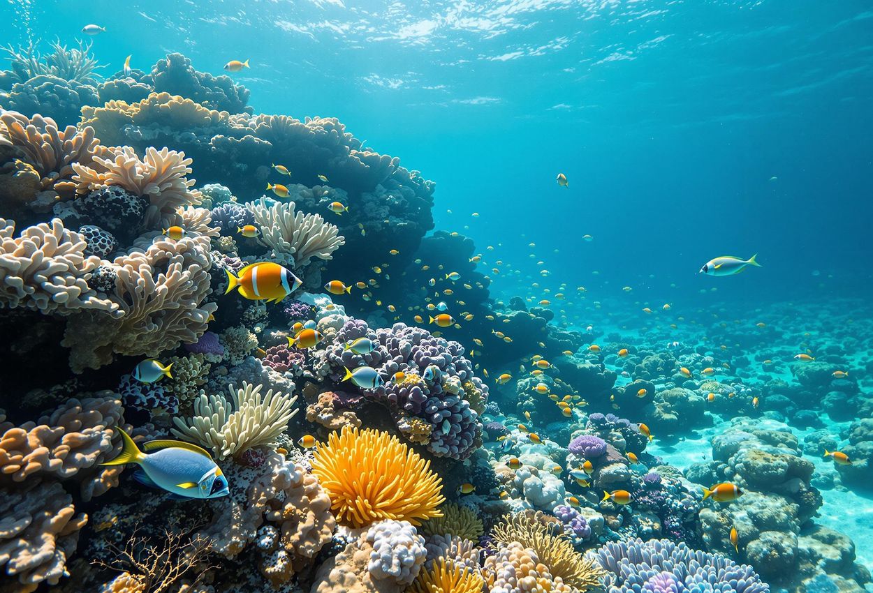 Underwater View of SWAC System and Vibrant Coral Reef A stunning underwater photograph showcasing a Sea Water Air Conditioning (SWAC) system intake pipe surrounded by a thriving coral reef ecosystem, captured in crystal-clear turquoise waters.