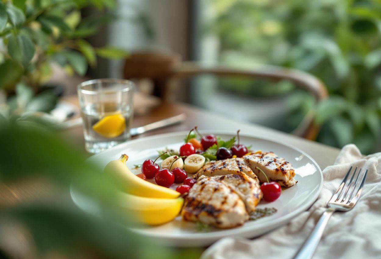 A photograph of a delicious and nutritious meal designed to help travelers overcome jet lag, featuring bananas, cherries, and lean protein in a softly lit, inviting setting.