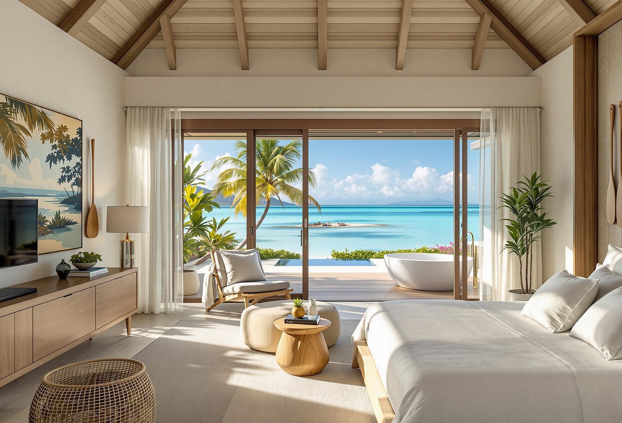 Luxury Villa Interior at The Brando, Tetiaroa A serene interior view of a one-bedroom villa at The Brando, showcasing luxurious Polynesian design and a breathtaking lagoon view.