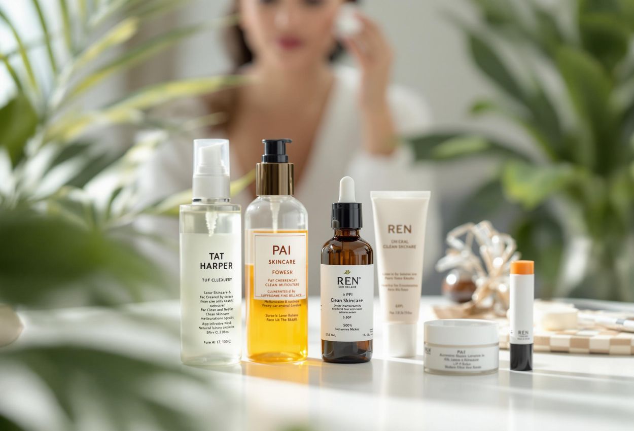 A macro photograph showcasing a collection of high-end skincare products arranged on a clean white surface, emphasizing their natural ingredients and luxurious textures.