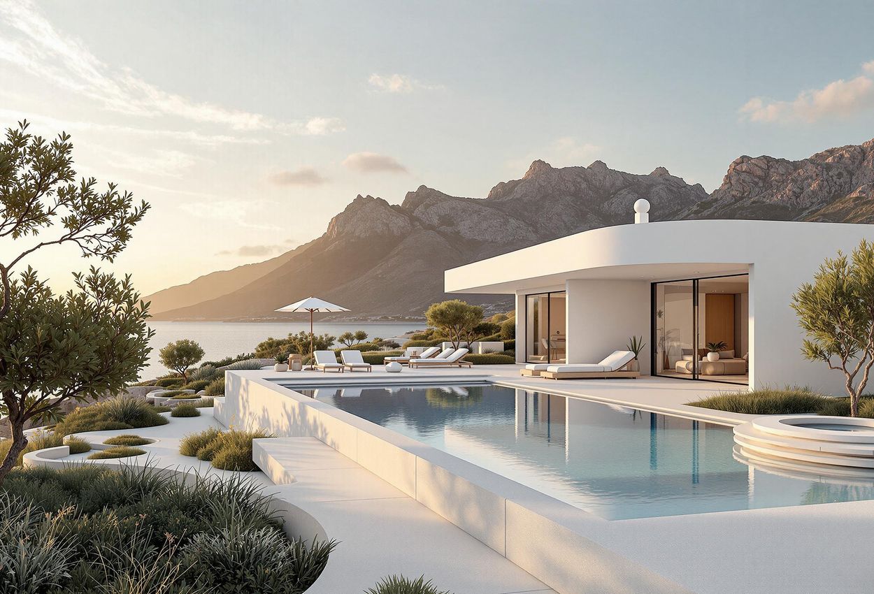 Exterior photograph of SHA Wellness Clinic in Albir, Spain, at sunset, showcasing its minimalist architecture and serene natural surroundings.