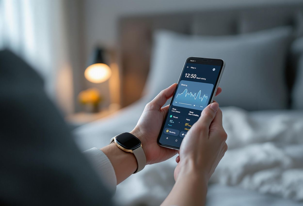 A close-up photo of a person using a sleep tracking app on a smartphone while wearing a Google Pixel Watch 2, showcasing sleep data in a modern bedroom setting.