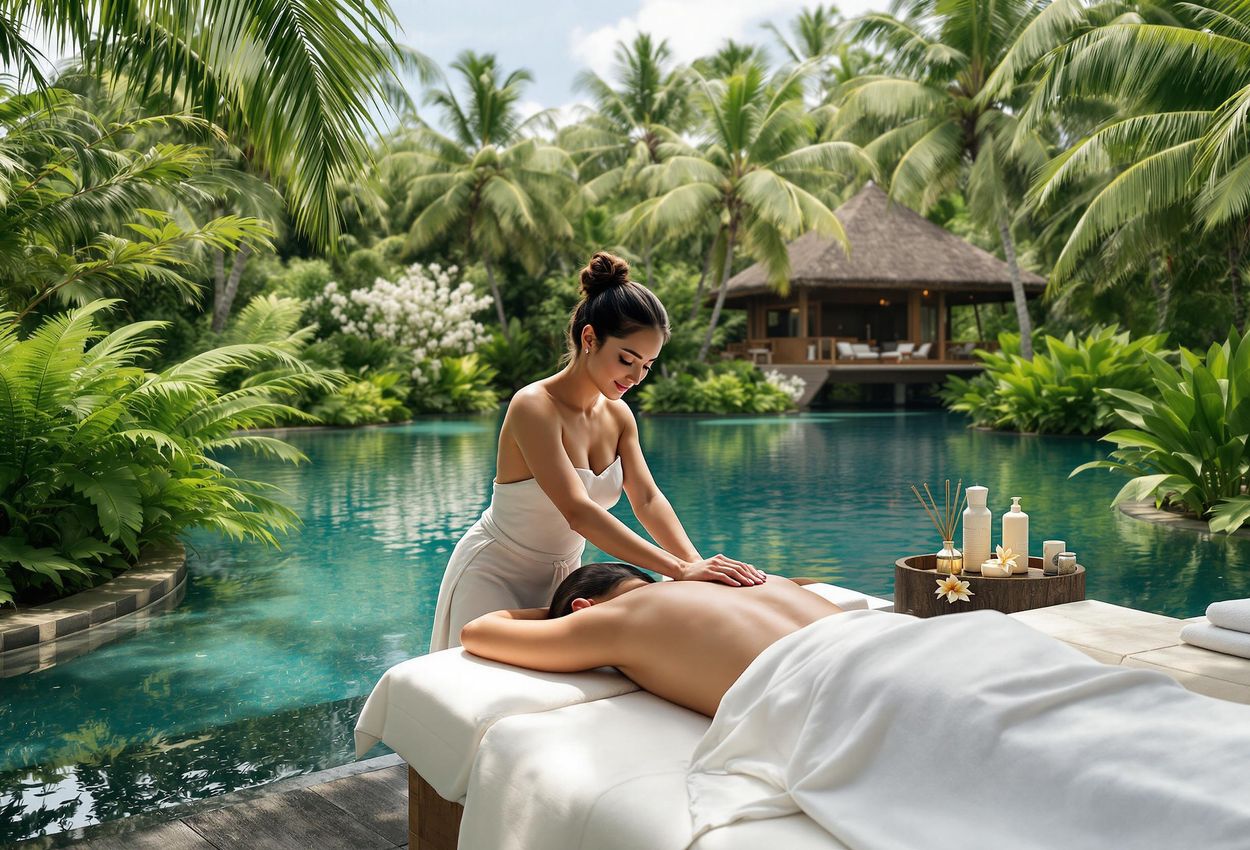 Tranquil Polynesian Spa Experience at The Brando, Tetiaroa A serene photograph capturing a traditional Polynesian massage at the Varua Te Ora Spa in The Brando, Tetiaroa. The image showcases the spa