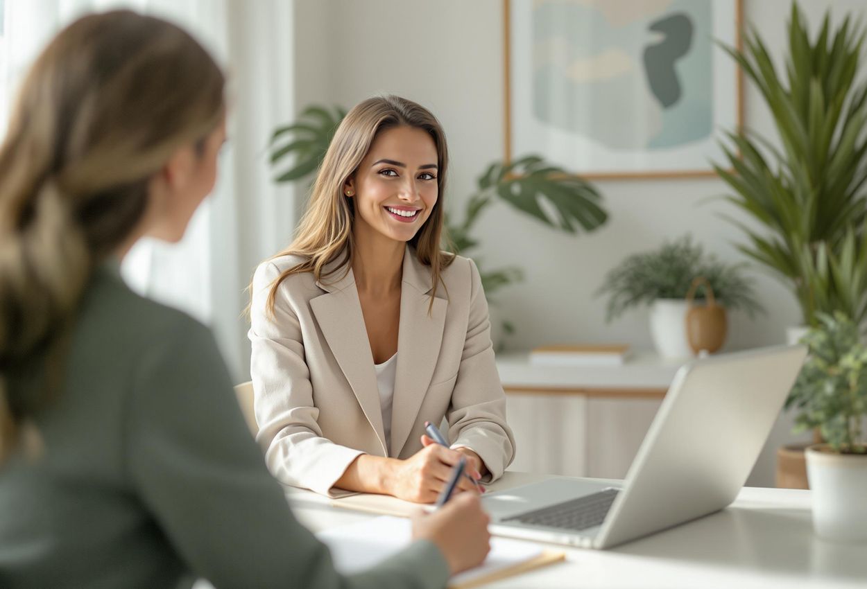 A close-up photo shows a wellness consultant attentively listening to a guest during an initial consultation in a bright, airy room. The image conveys trust and personalized care.