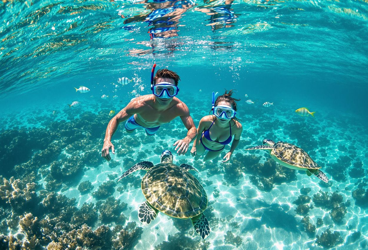Snorkeling in Tetiaroa A stunning underwater photograph capturing guests snorkeling in the vibrant coral reefs of Tetiaroa, surrounded by exotic fish and sea turtles. Experience the beauty and tranquility of this luxury travel destination.