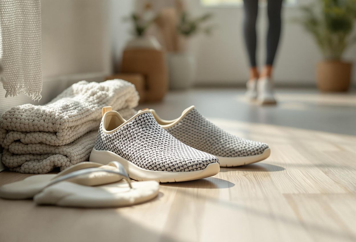 A serene scene showcasing essential footwear for a wellness retreat: Allbirds trainers, OluKai flip-flops, and warm socks, arranged on a wooden floor with a blurred background of a woman walking.