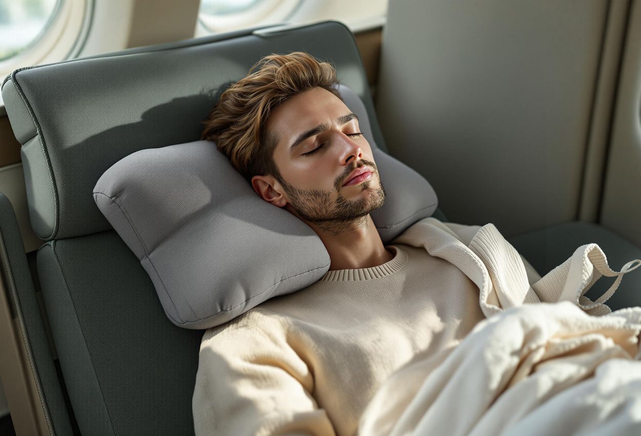 A serene image capturing a traveler enjoying a peaceful nap with an Ostrich Pillow, highlighting the comfort and luxury of strategic rest during travel.