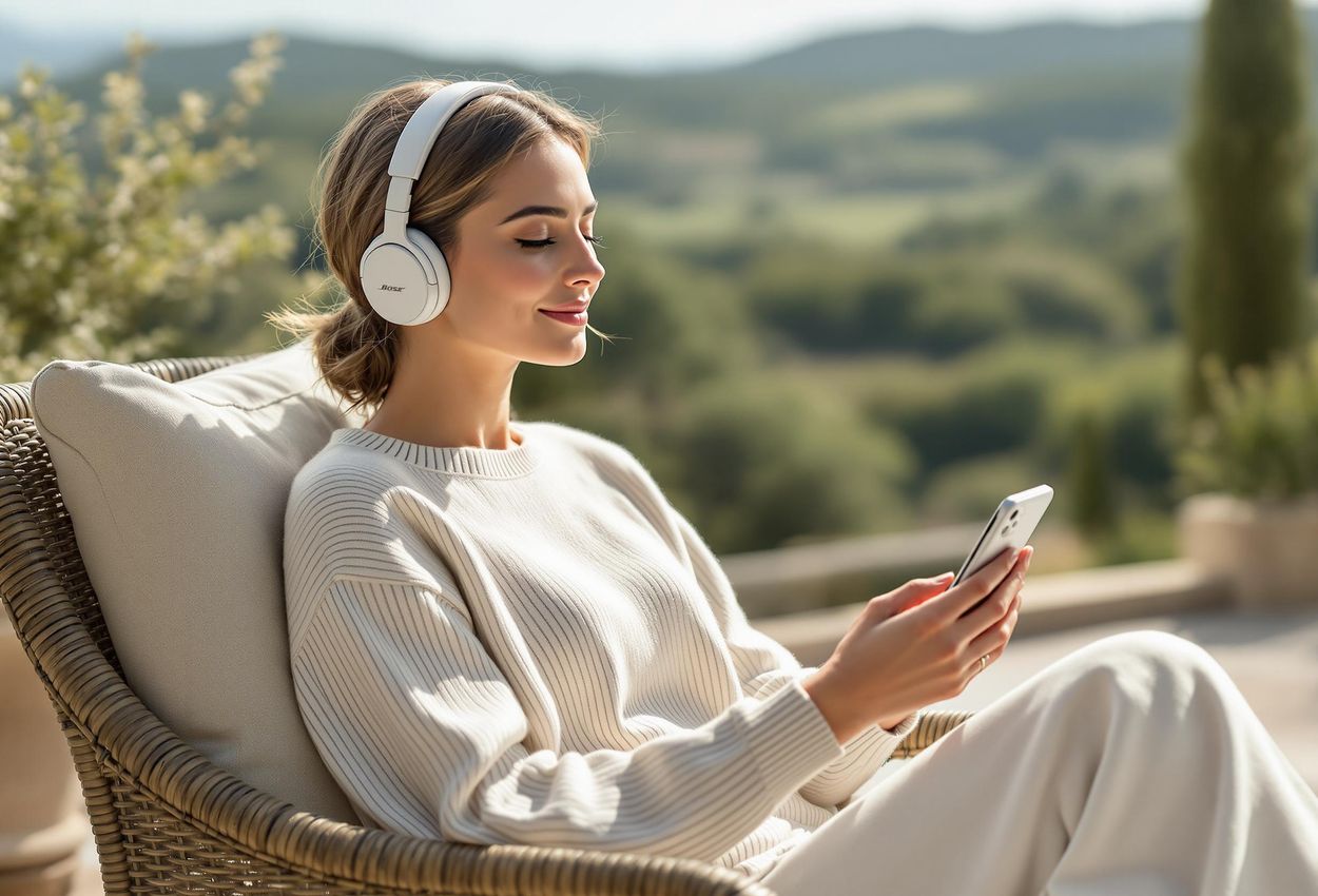 A serene photo capturing a woman enjoying a mindful moment at a wellness retreat in Tuscany, using Bose headphones and a meditation app for enhanced relaxation.