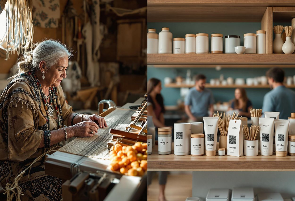A split-screen photograph contrasting a Navajo elder teaching traditional weaving with a trendy urban store selling smudge kits, highlighting cultural appreciation and appropriation.