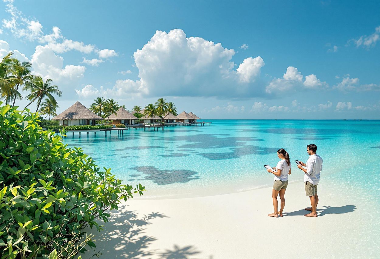 Eco-Luxury Resort in the Maldives: A Pristine Coastal Paradise A wide, scenic photograph captures a luxury eco-resort nestled in a pristine Maldivian atoll. Researchers study the vibrant marine life, highlighting the resort