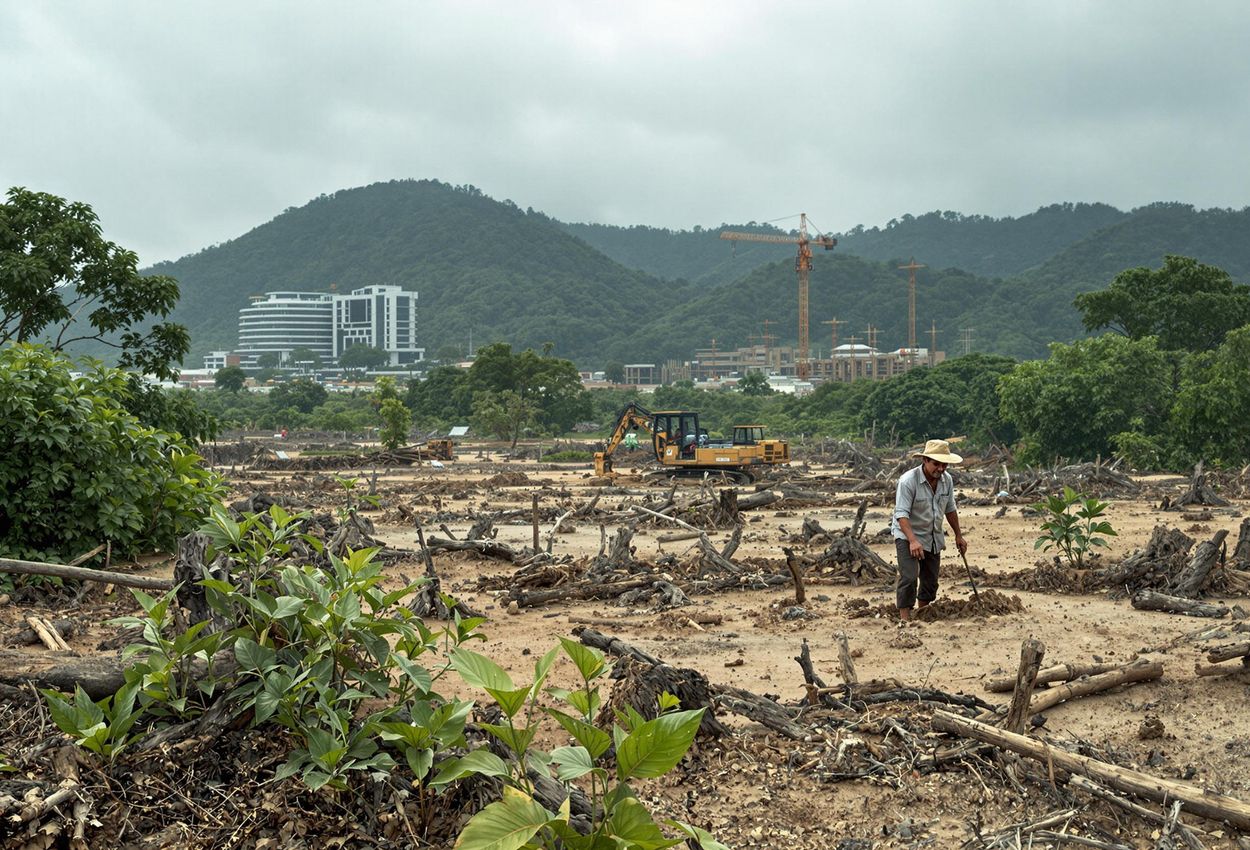 A panoramic photograph depicting the environmental damage caused by unsustainable wellness tourism in Southeast Asia, contrasting a struggling local farmer with a luxury resort under construction.