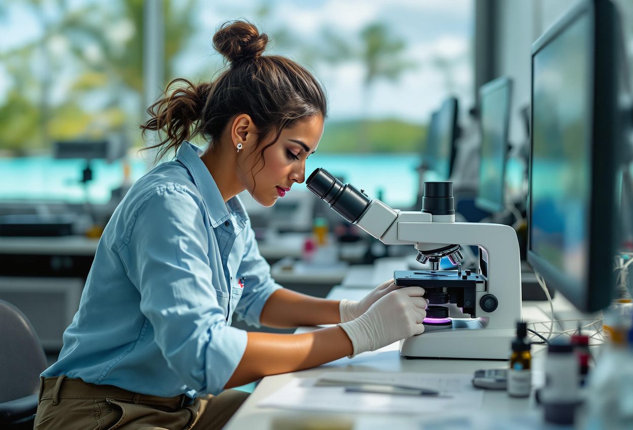 Marine Biologist at Work: Cutting-Edge Research on Aldabra Atoll A close-up photograph captures a marine biologist deeply engrossed in her research at the Ecostation on Aldabra Atoll, studying marine life with state-of-the-art equipment.