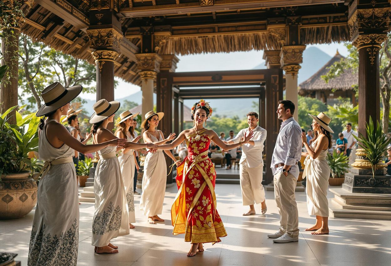 A captivating photo capturing tourists immersed in a traditional Balinese dance workshop at the Samsara Living Museum in Bali, showcasing the vibrant culture and joyful learning experience.