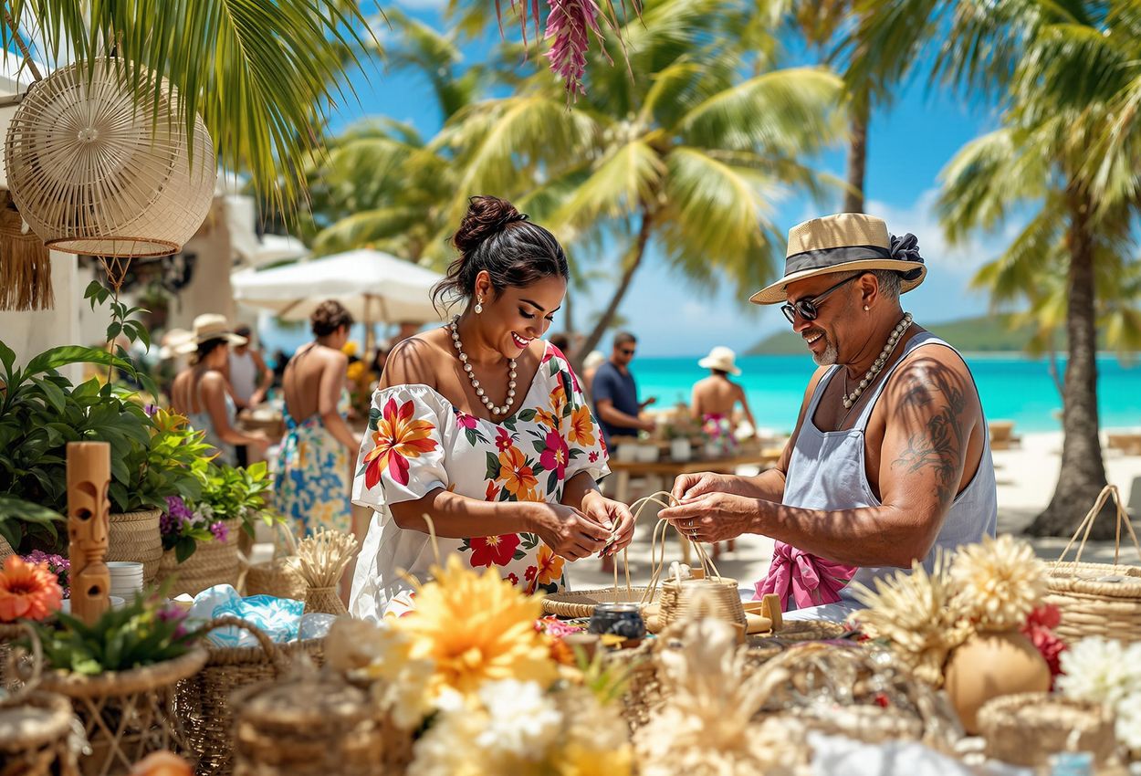 A vibrant photograph capturing local Polynesian artisans displaying their handcrafted goods at a cultural event on the idyllic island of Tetiaroa, French Polynesia.