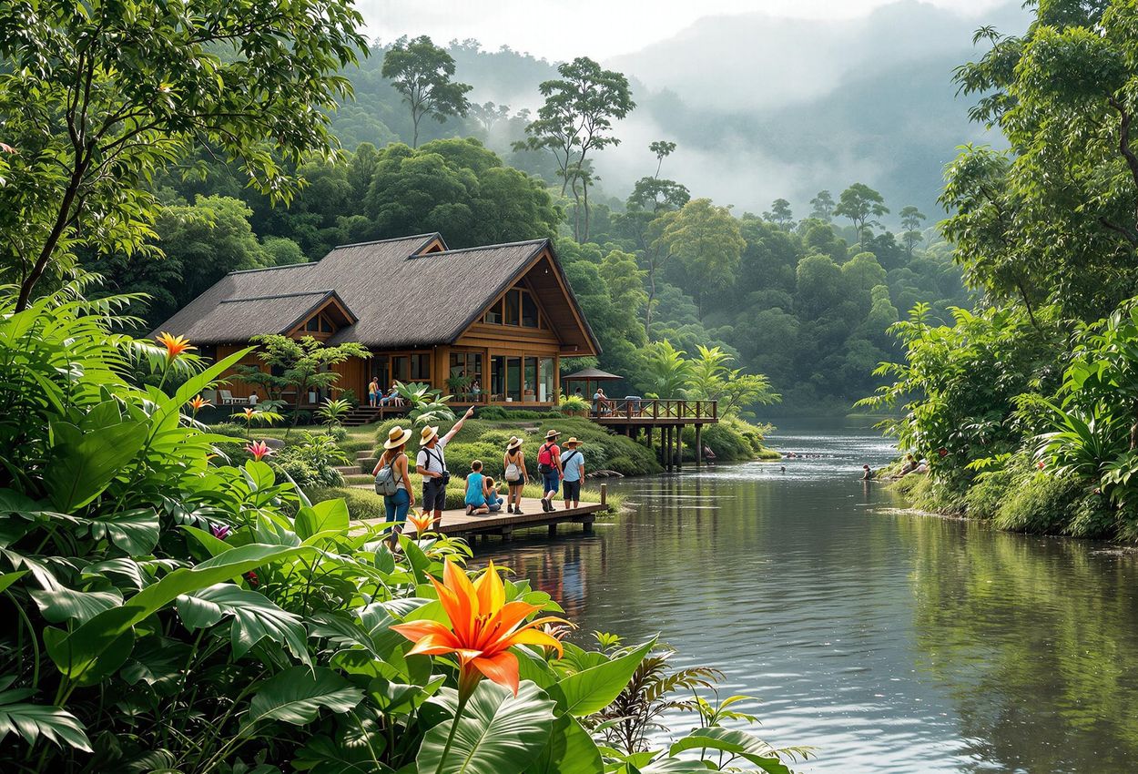 A scenic photograph of the Pacuare River Lodge in Costa Rica, showcasing its sustainable architecture and integration with the surrounding rainforest. A local guide leads tourists on a nature walk, highlighting eco-tourism and environmental responsibility.