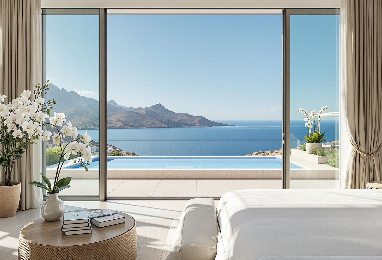 A serene photograph showcasing the minimalist design and breathtaking views from a luxurious suite at SHA Wellness Clinic in Albir, Spain.