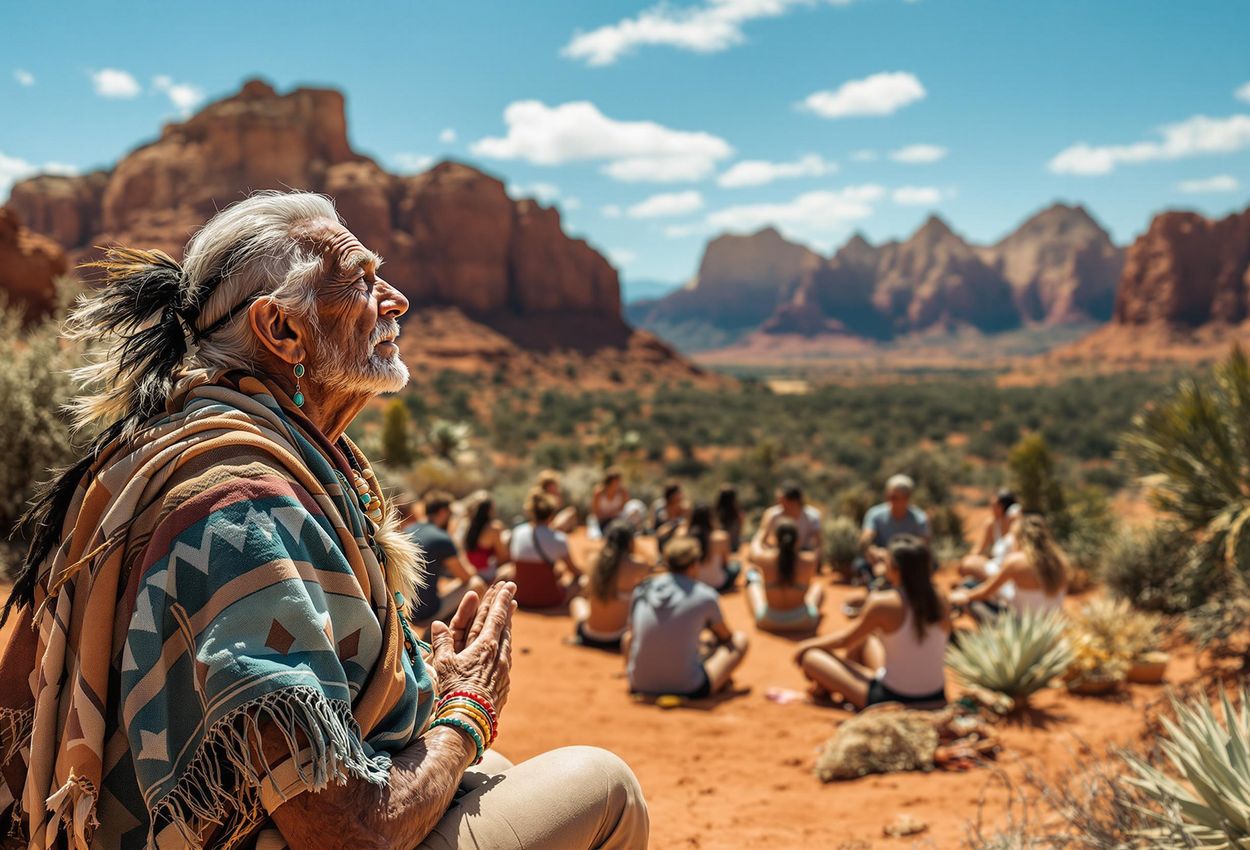 A photograph capturing a traditional Navajo healing ceremony taking place at a wellness retreat in Sedona, Arizona, showcasing collaboration and cultural exchange.