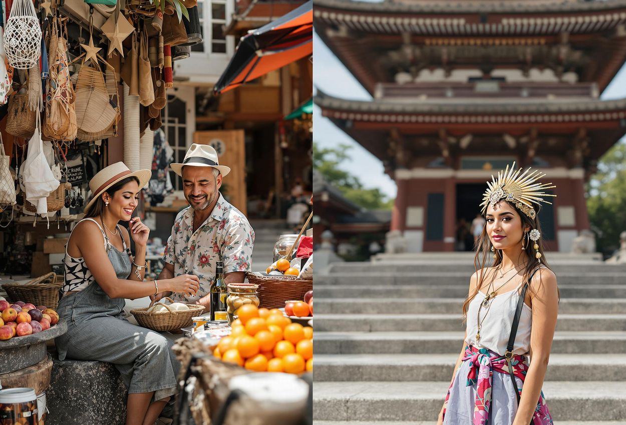 A split-screen photo showing the contrast between responsible and irresponsible social media posts during wellness travel. One side shows a traveler respectfully engaging with local culture, while the other shows a traveler engaging in cultural appropriation.