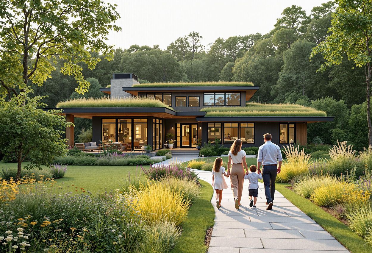 A serene landscape photograph of a modern, wellness-focused home in Serenbe, Georgia, featuring sustainable architecture, lush greenery, and a family enjoying a tranquil evening walk.