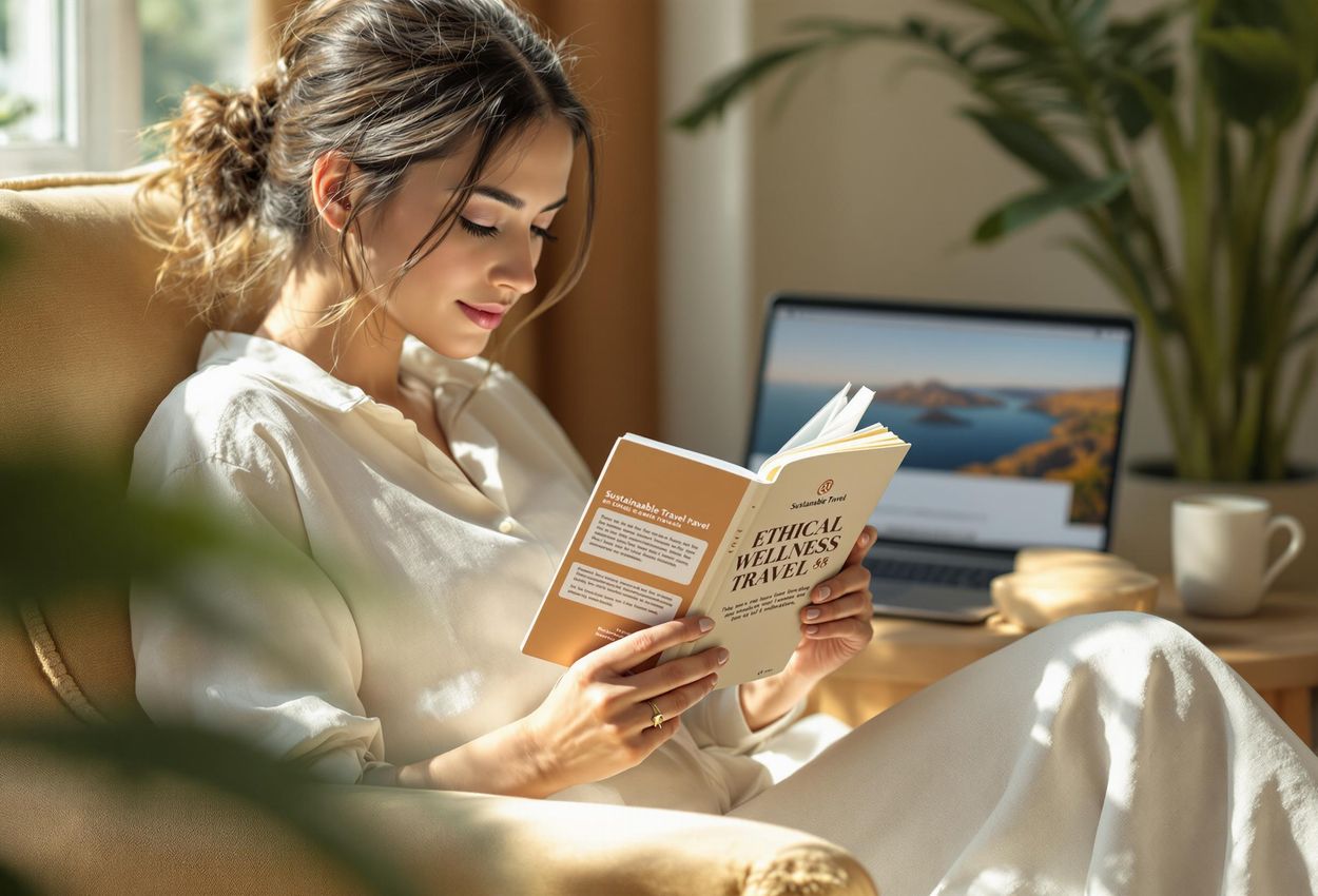A woman is reading a book about ethical wellness travel while browsing the Sustainable Travel International website. The scene is warm and inviting, emphasizing responsible decision-making.