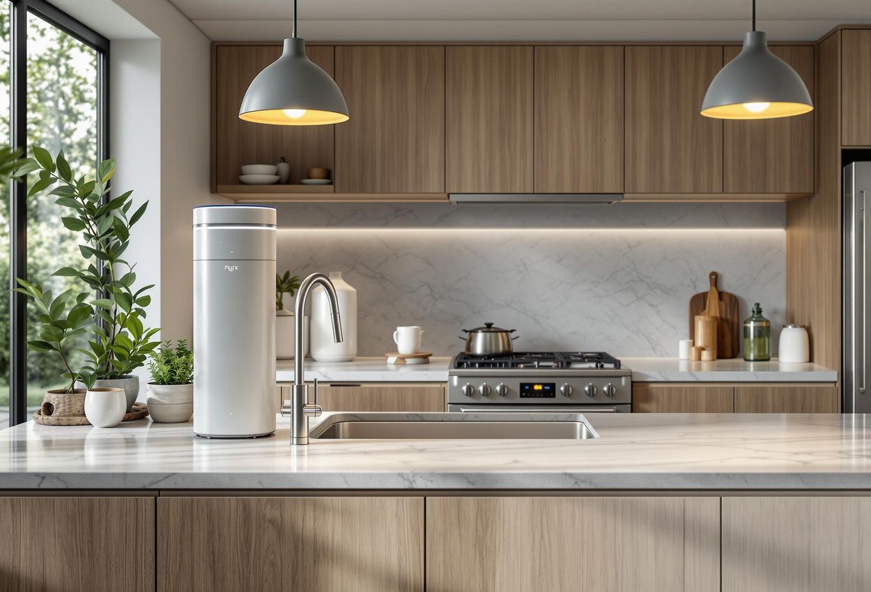 A detailed photograph showcases a state-of-the-art air and water purification system integrated into a modern kitchen. The image highlights the system