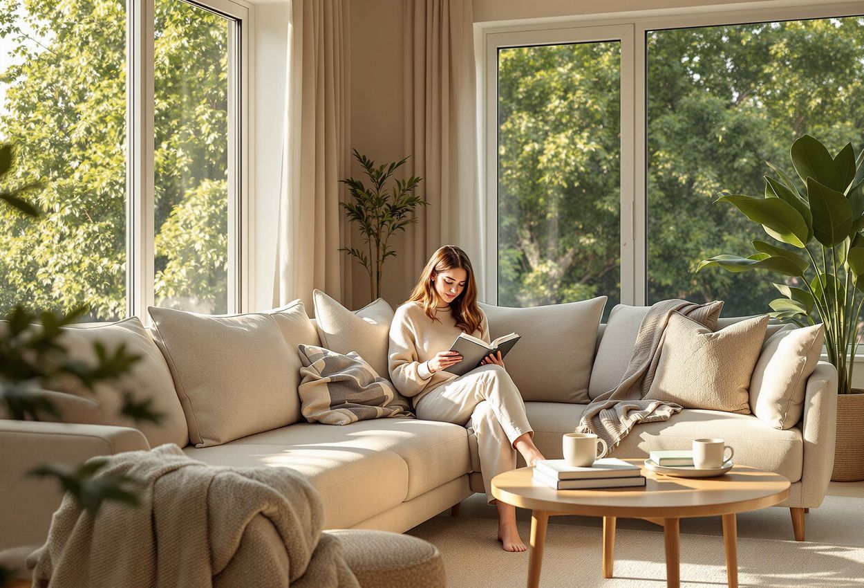 A photograph of a cozy living room bathed in warm, golden light, featuring a woman reading on a sofa with a view of a lush green garden.