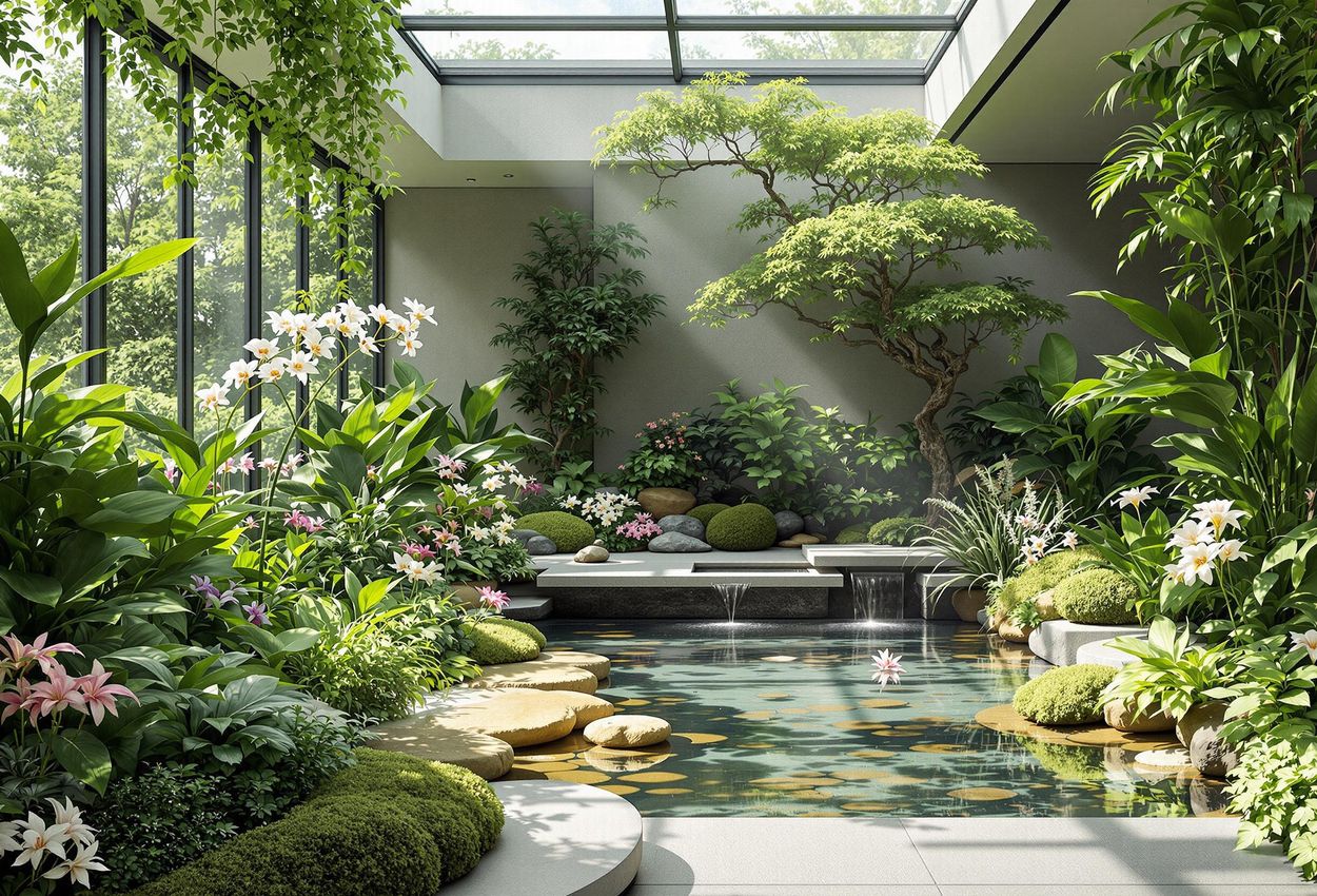 A photograph capturing a lush indoor garden integrated into a modern home, featuring a variety of plants, flowers, and a tranquil water feature, illuminated by natural light.