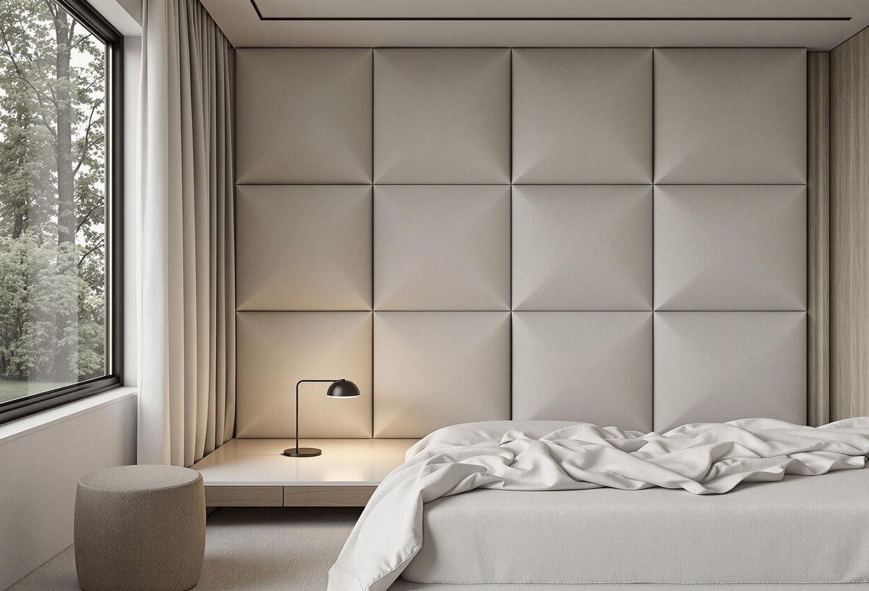A calming bedroom featuring acoustic panels, soft lighting, and minimalist furniture creates a tranquil escape from the outside world. Photographed in the evening with warm, ambient light.