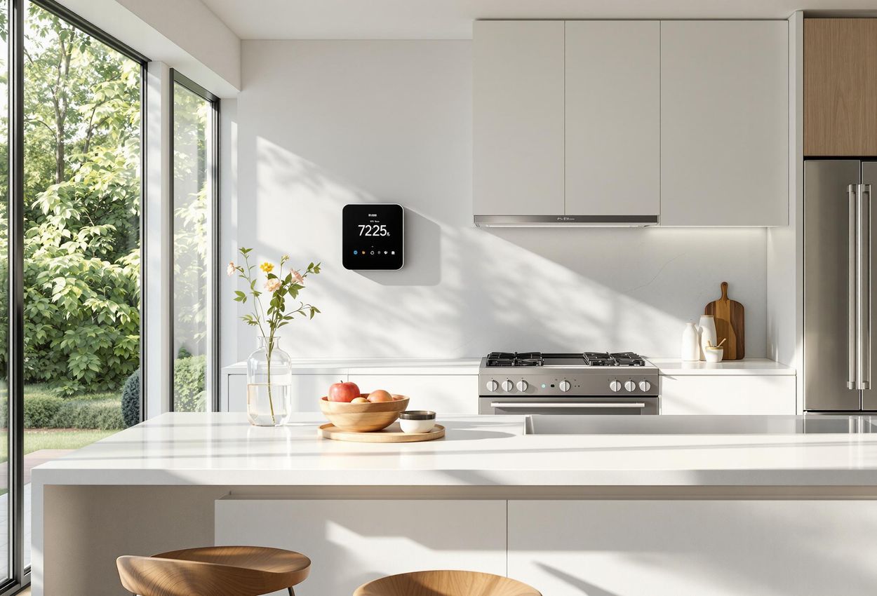 A bright, modern kitchen featuring a smart thermostat, automated lighting, and energy-efficient appliances, designed for convenience and health-consciousness.