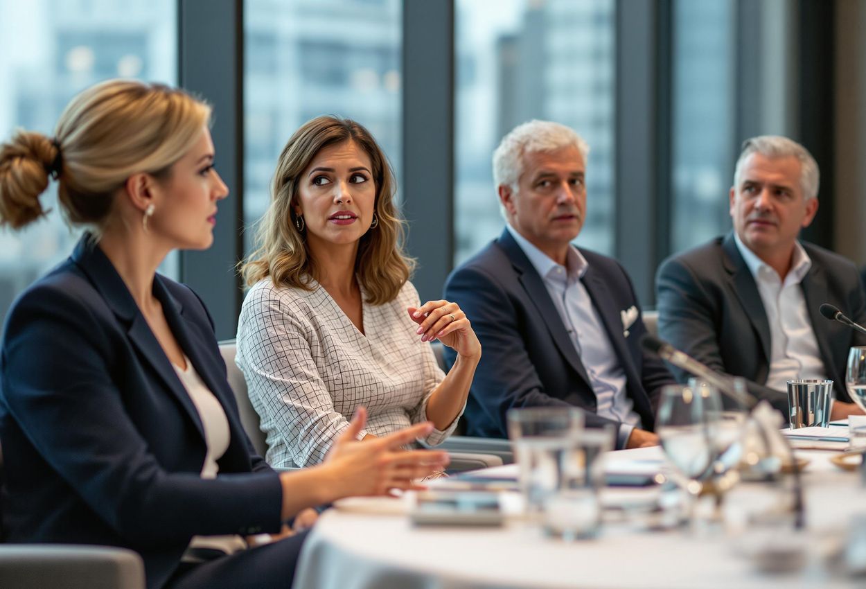 A photograph captures a panel of wellness experts in a lively discussion at an industry conference. The panelists, dressed in stylish business attire, are seen engaging with each other in a modern conference room setting.