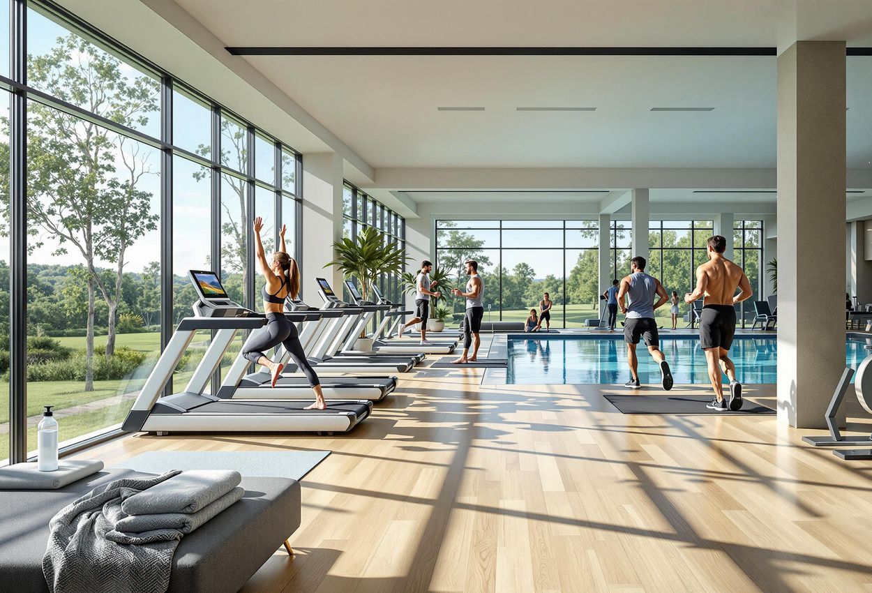 A photograph of a bright and airy fitness center with state-of-the-art equipment, a yoga studio, and a swimming pool. People are seen working out and enjoying the amenities. The space is filled with natural light and offers views of a lush green landscape.